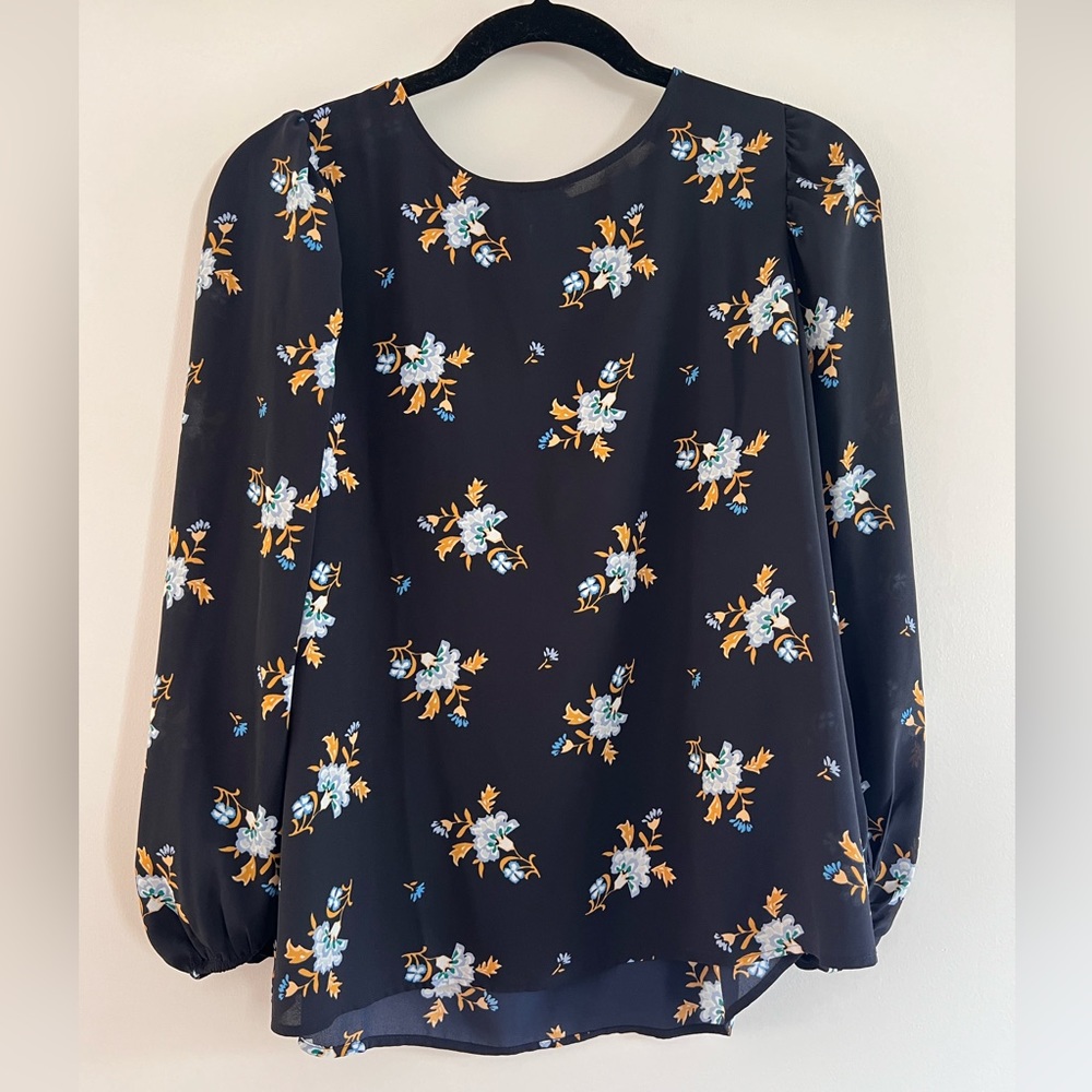 Loft Quarter Sleeve Blue Floral Print Blouse